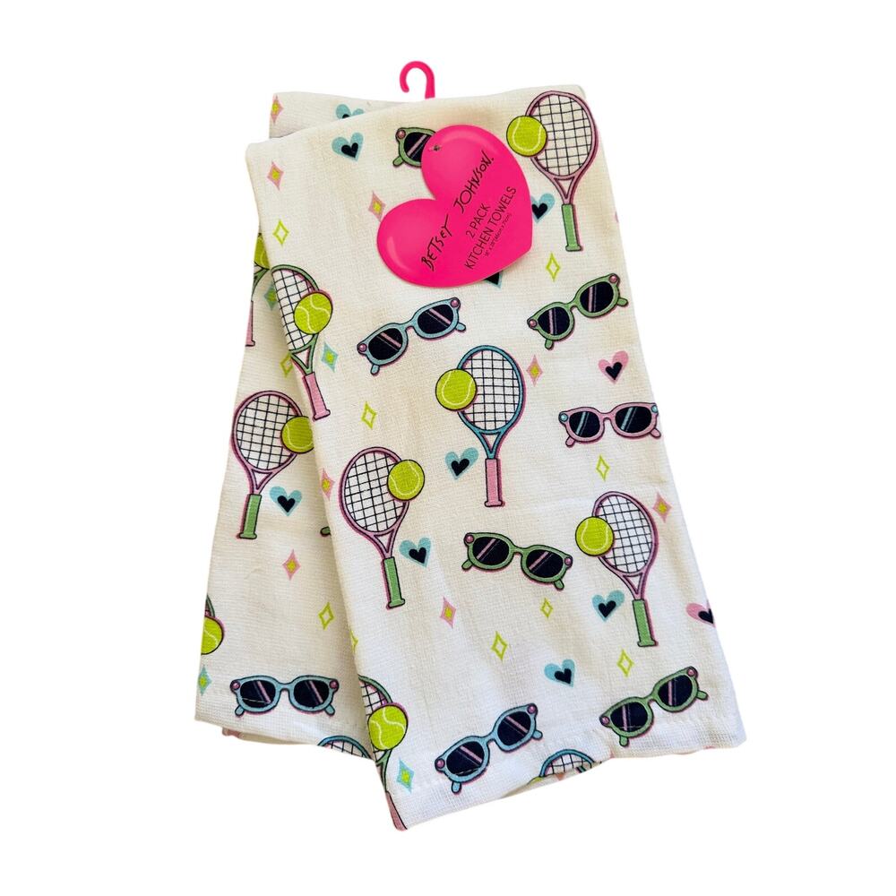 NWT Betsey Johnson 2 Pack White Kitchen Towels Tennis Sunglasses 18" x 28"